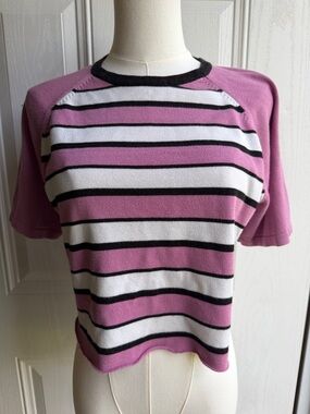 Vintage Allison Daley Pink, White & Black Striped 80s Cropped Knit Tee SizeM